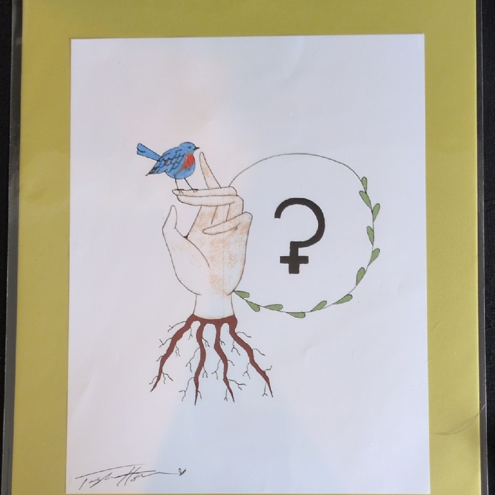 Hand and Bird Illustration with Green Accents. Inspired By "Demeter". 8x10 Print